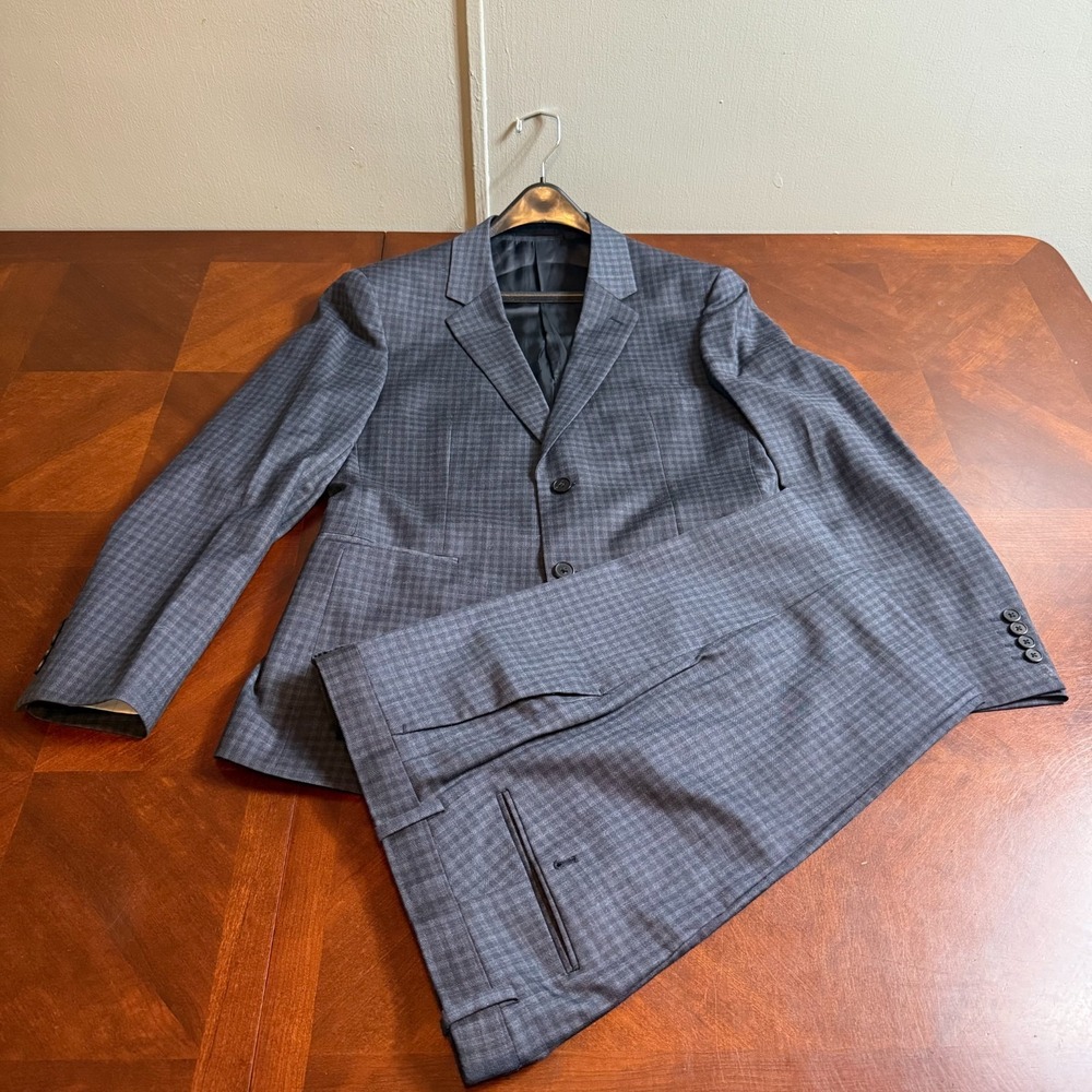 Men's Theory Wool Suit Cupro Lined 2-Piece Plaid Jacket & Pants black blue 40 S